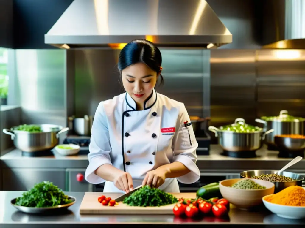 Una chef asiática famosa prepara con destreza un plato tradicional en una cocina moderna, con ingredientes vibrantes