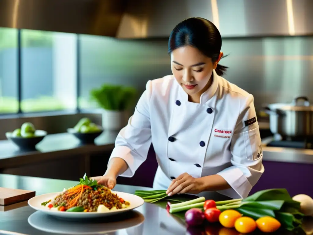 Una chef asiática famosa prepara un lujoso plato en una cocina moderna, destacando su destreza y la influencia femenina en la culinaria asiática