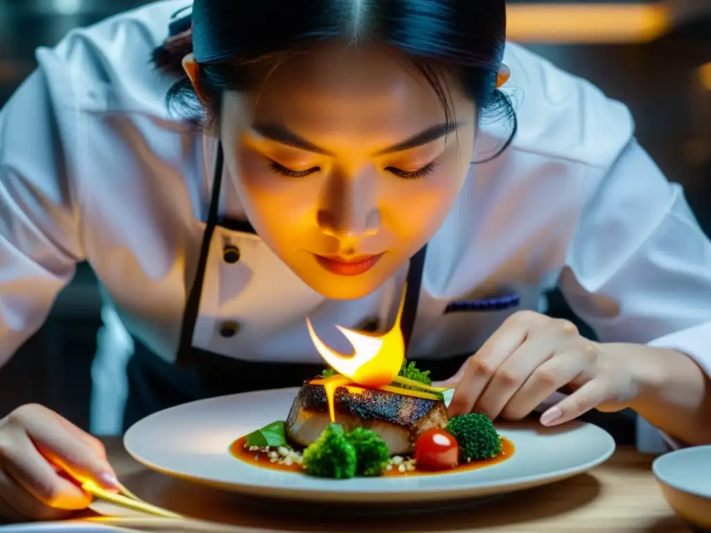 Una chef asiática de nueva generación prepara un exquisito plato, fusionando tradición y vanguardia