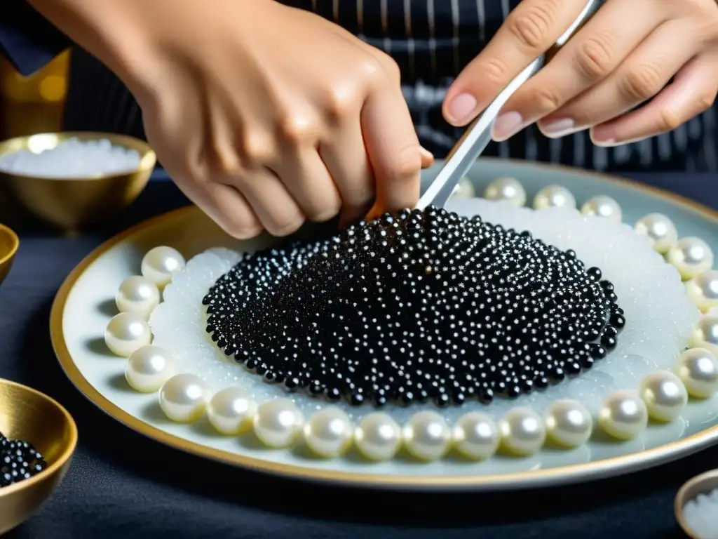 Un chef asiático selecciona con precisión y arte caviar de esturión en una vibrante preparación de caviar oriental asiático