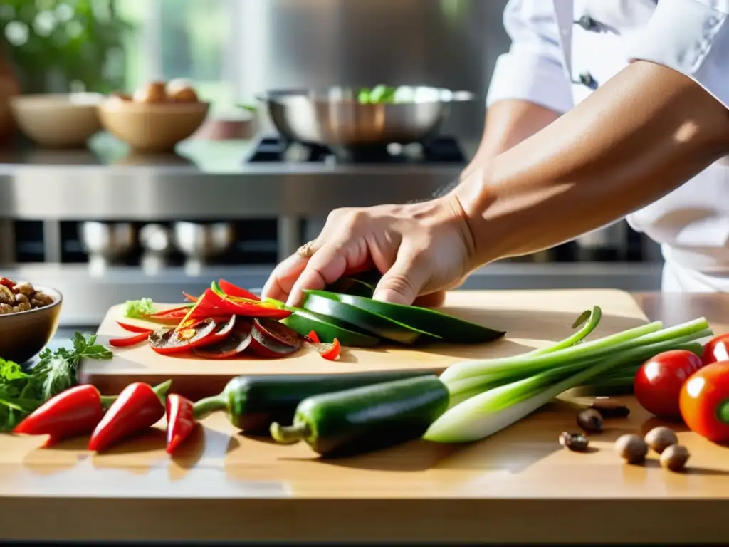 Chef asiático revolucionando cocina lujo: Experto cortando ingredientes frescos con destreza en una cocina bañada por la luz del sol