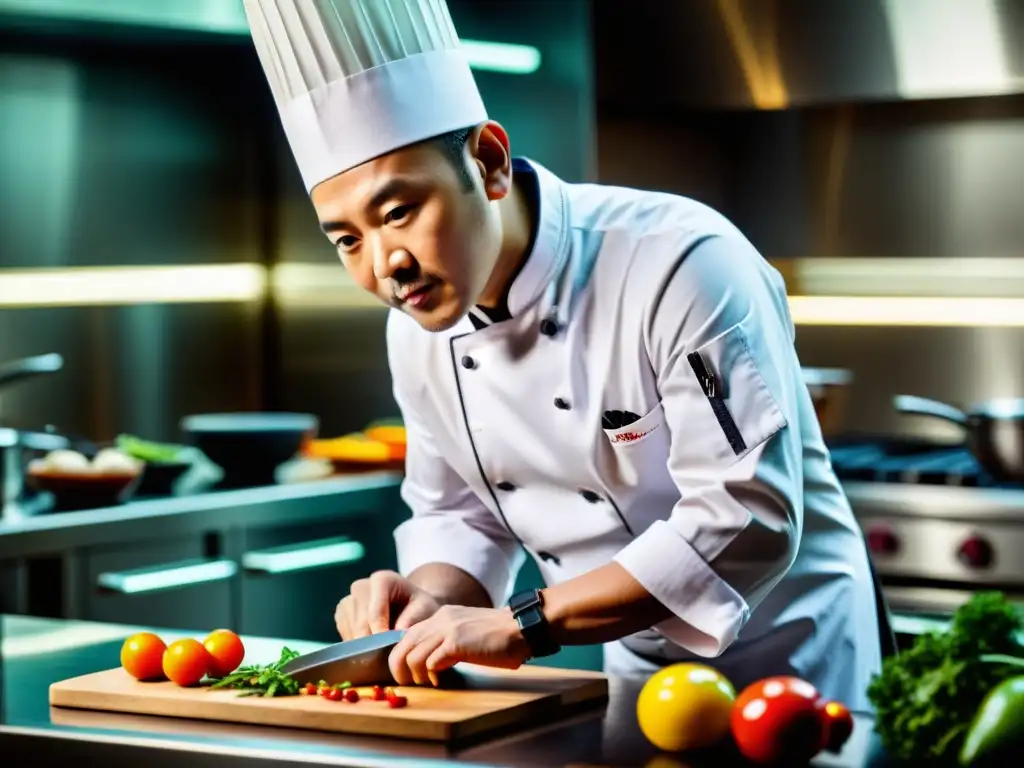 Chef asiático revolucionando cocina de lujo con maestría y dedicación en una cocina moderna, creando platos visualmente impresionantes