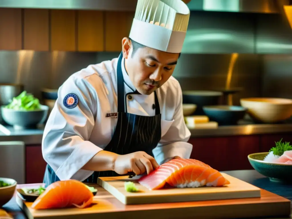 Un chef asiático corta sashimi fresco con precisión, inmerso en la autenticidad de la cocina japonesa