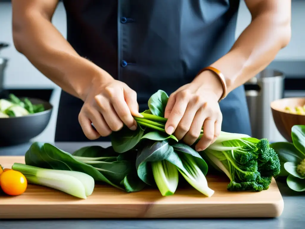 Un chef asiático prepara con cuidado lujosa cocina sostenible, resaltando los ingredientes frescos y la dedicación