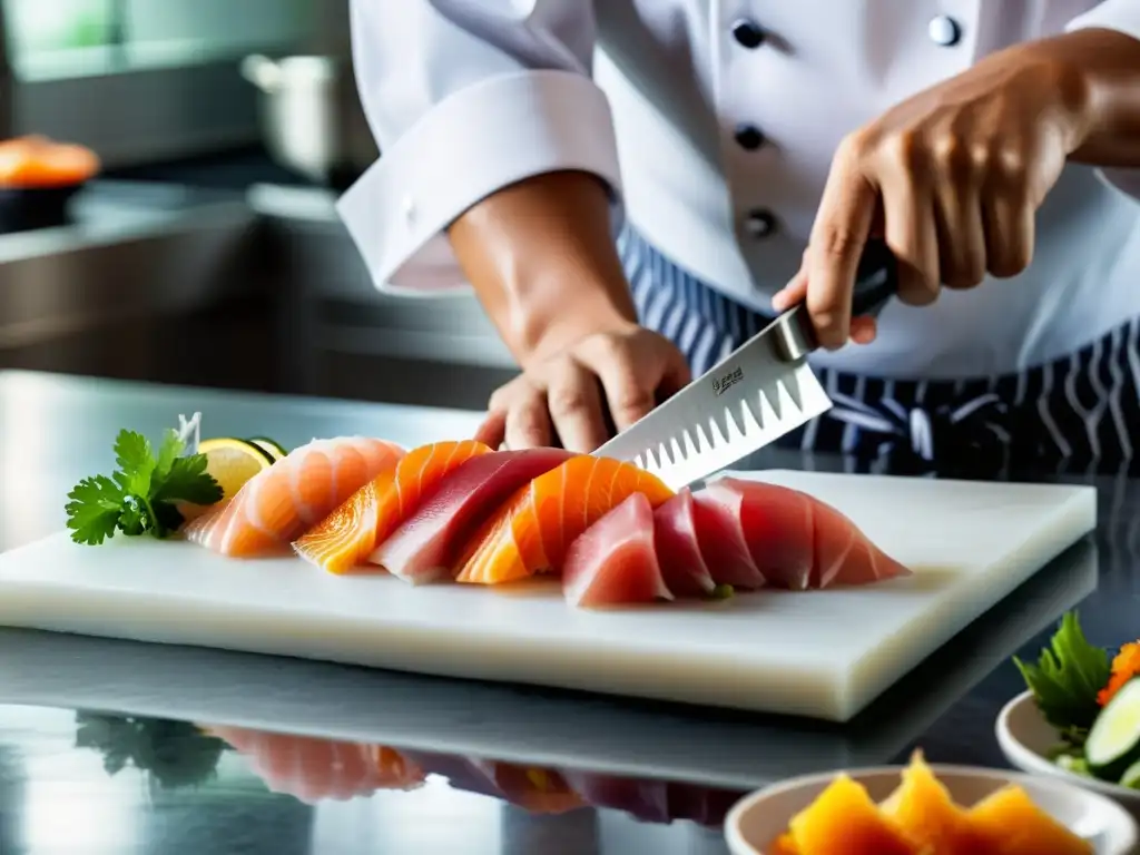 Un chef asiático experto en acción, preparando sashimi con precisión