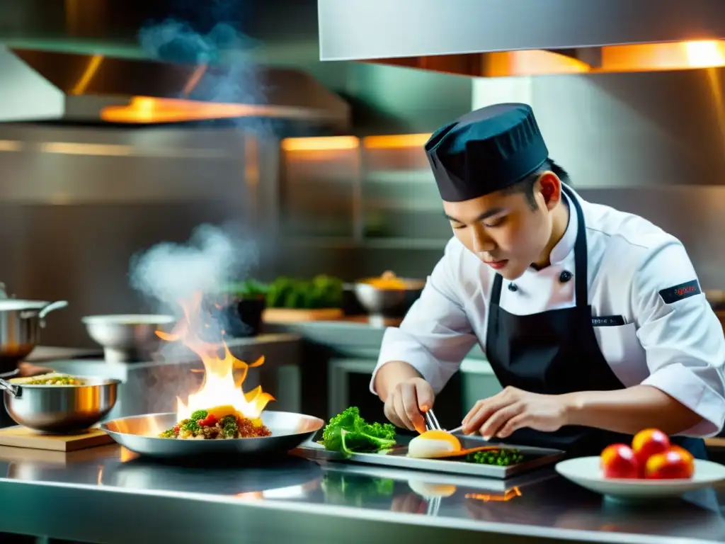 Un chef asiático experto utiliza tecnología culinaria para crear un innovador plato