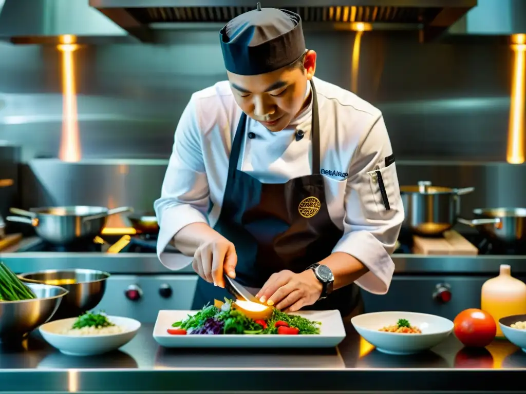 Un chef asiático influyente crea una obra maestra culinaria en una cocina moderna