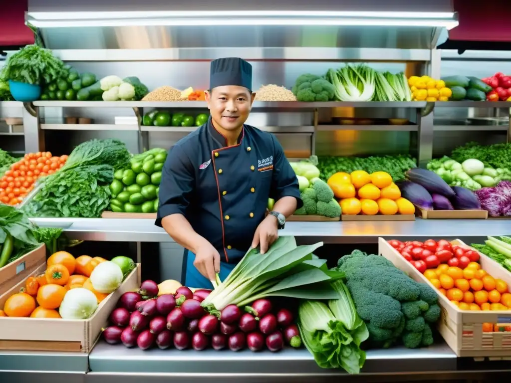 Chef asiático selecciona ingredientes sostenibles en mercado vibrante, reflejando la cocina de lujo sostenible en Asia