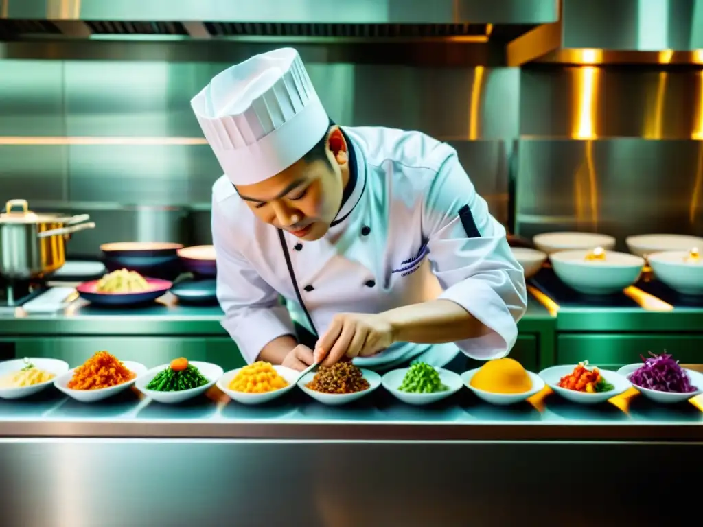 Un chef asiático innovador y detallista preparando exquisitos platos en una cocina moderna con tecnología culinaria de vanguardia