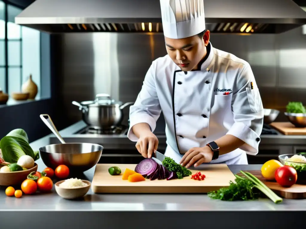 Un chef asiático innovador preparando plato tradicional con modernidad, rodeado de ingredientes frescos y herramientas culinarias de vanguardia