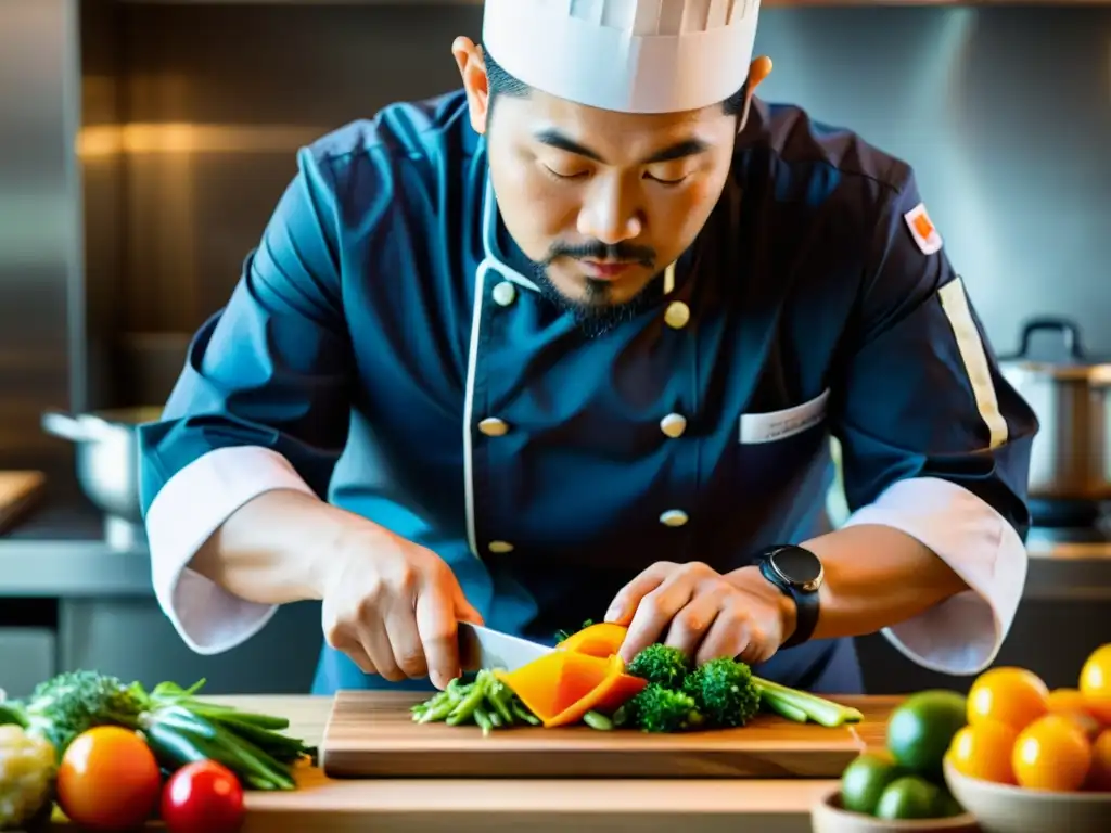 Un chef asiático corta meticulosamente verduras sostenibles en una cocina de lujo, mostrando su habilidad y dedicación