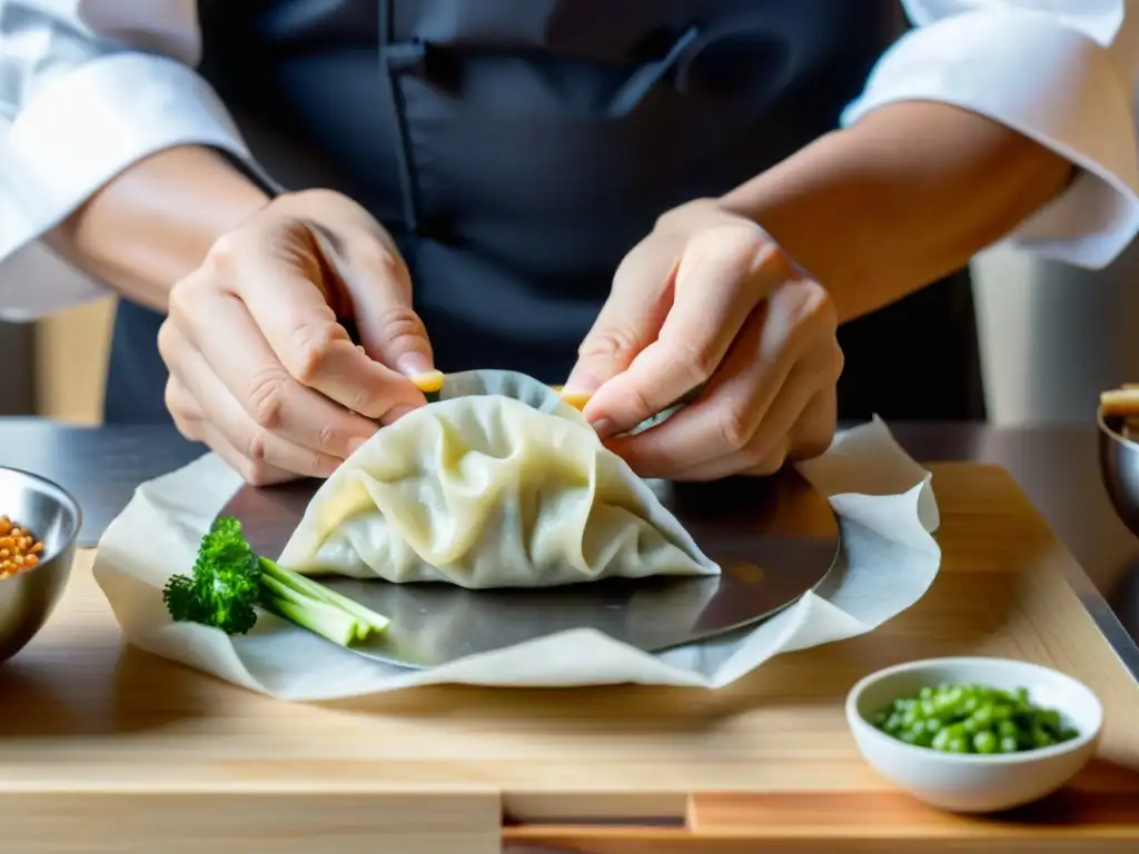 Un chef asiático fusiona oriente y occidente al expertamente preparar dumplings con ingredientes tradicionales, en una cocina moderna y luminosa