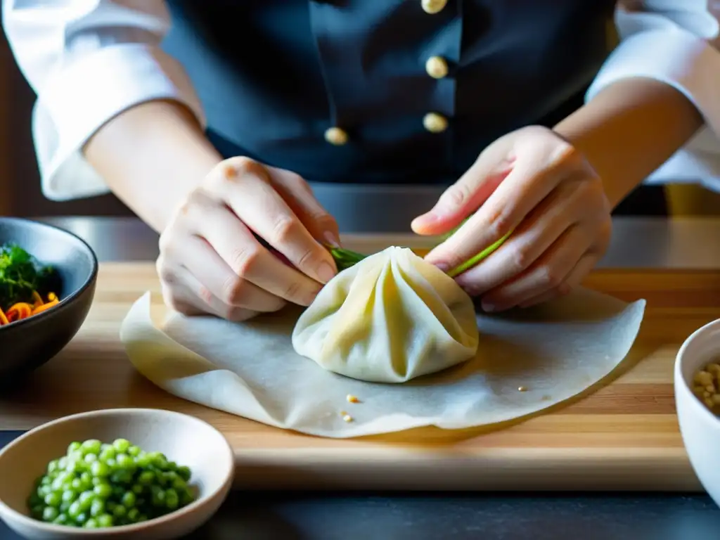 Un chef asiático fusiona oriente y occidente al armar cuidadosamente dumplings con ingredientes vibrantes