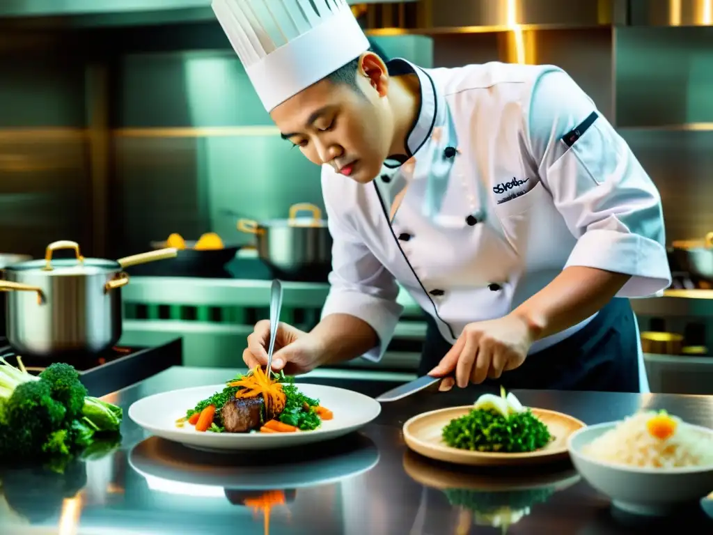 Un chef asiático prepara con pasión su plato de autor en una cocina moderna