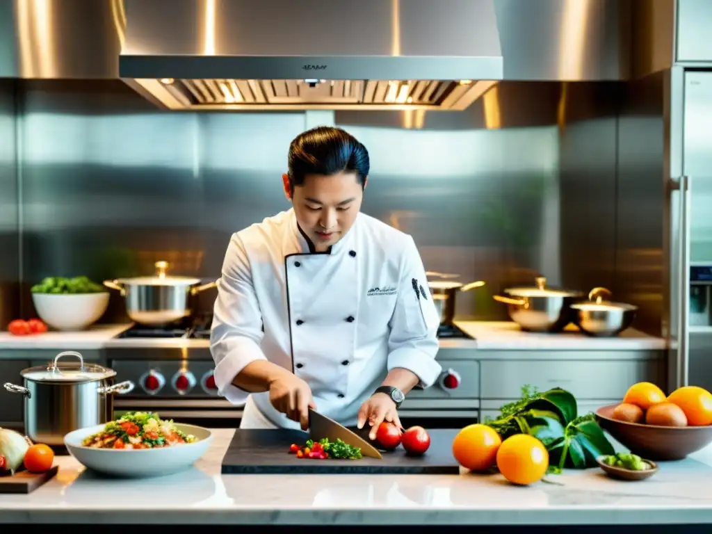 Un chef asiático prepara un plato tradicional con maestría en una lujosa cocina