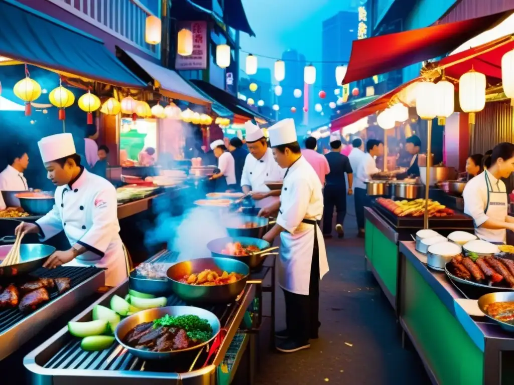 Chef asiático preparando platos tradicionales en un animado mercado nocturno, iluminado por luces de neón