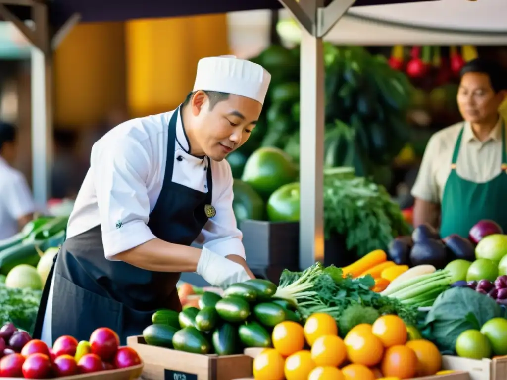 Un chef asiático selecciona cuidadosamente productos orgánicos en un bullicioso mercado, mostrando su compromiso con la cocina sostenible