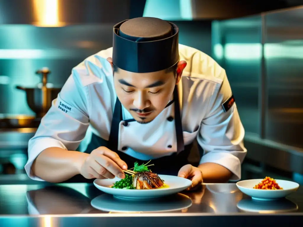 Un chef asiático renombrado preparando un exquisito plato en una cocina moderna, reflejando la esencia de la cocina de autor en Asia