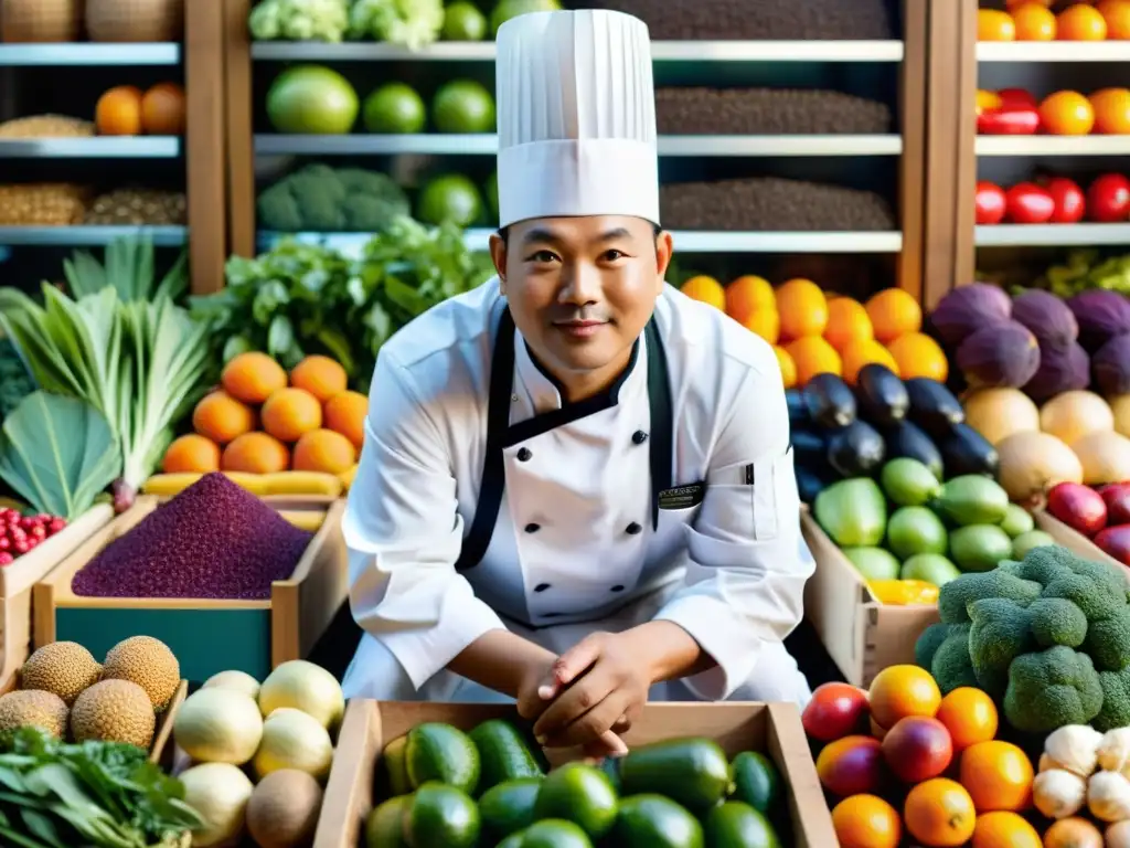 Un chef asiático renombrado selecciona ingredientes en un bullicioso mercado, representando la cocina de lujo sostenible en Asia