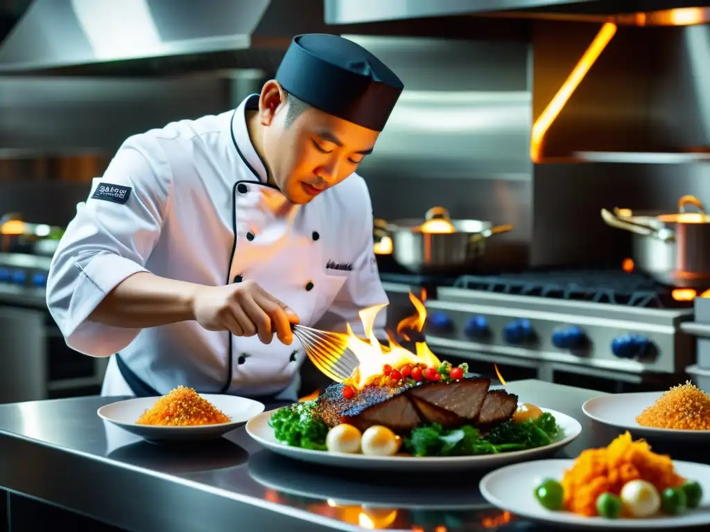 Un chef asiático renombrado crea un plato vibrante en una cocina moderna, capturando la precisión e innovación de la tendencia cocina asiática contemporánea