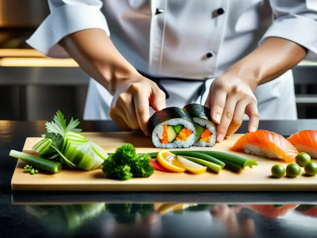 Un chef asiático de renombre prepara con maestría un delicado sushi, rodeado de ingredientes frescos y vibrantes