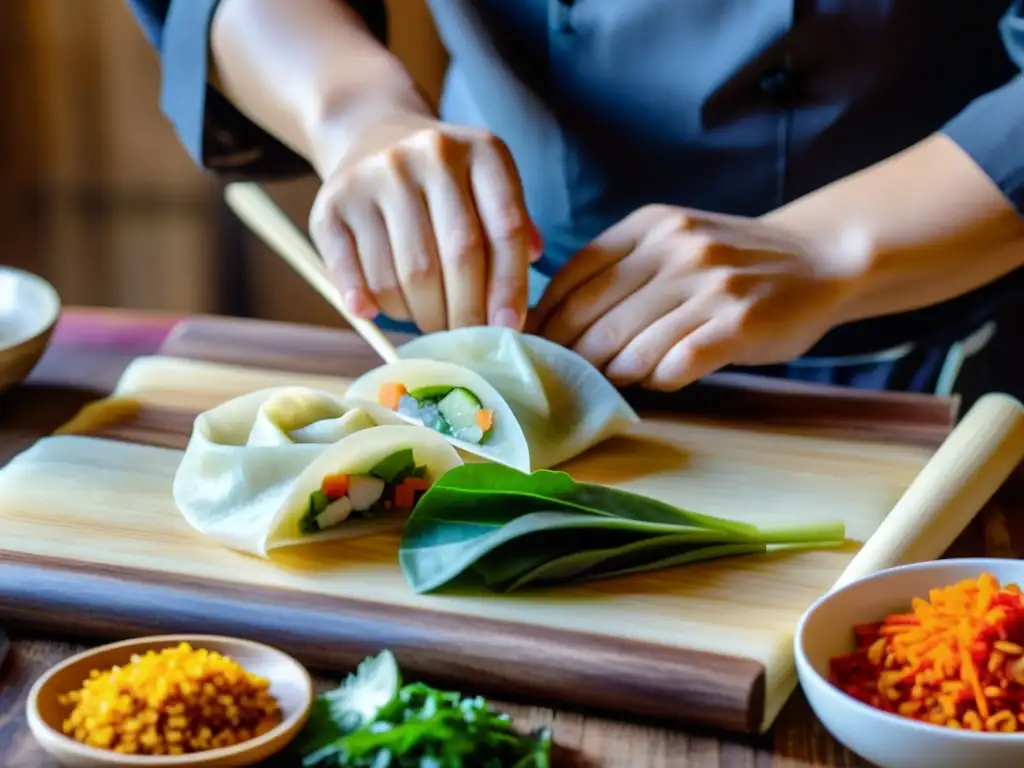 Un chef asiático de renombre mundial experto en la elaboración de deliciosos dumplings, rodeado de ingredientes frescos y coloridos, despliega su destreza y pasión por la cocina asiática