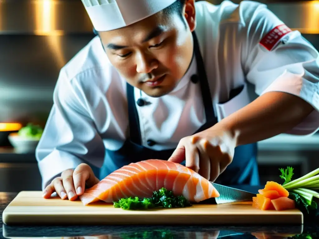 Un chef asiático de renombre mundial corta sashimi con maestría, mostrando el intrincado marmoleado del pescado