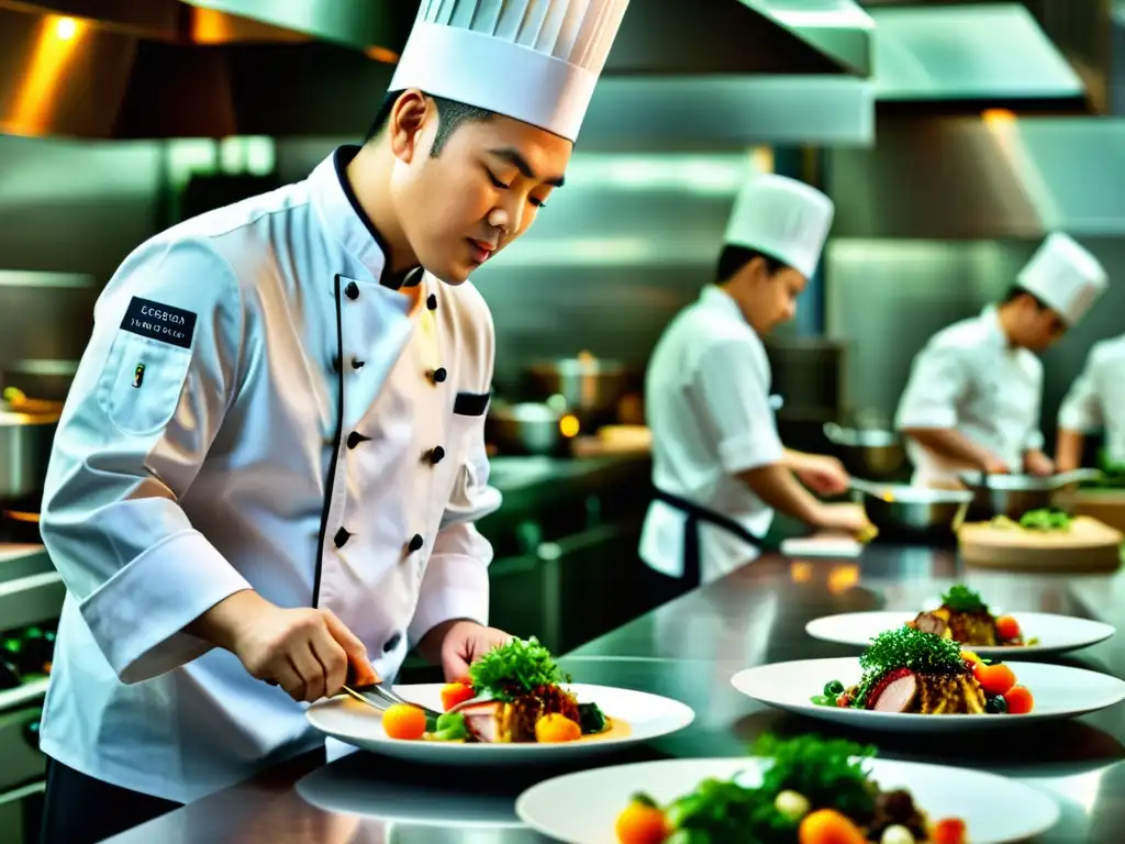 Un chef asiático de renombre crea una obra maestra culinaria en una cocina moderna y bulliciosa, rodeado de su equipo de sous chefs y personal