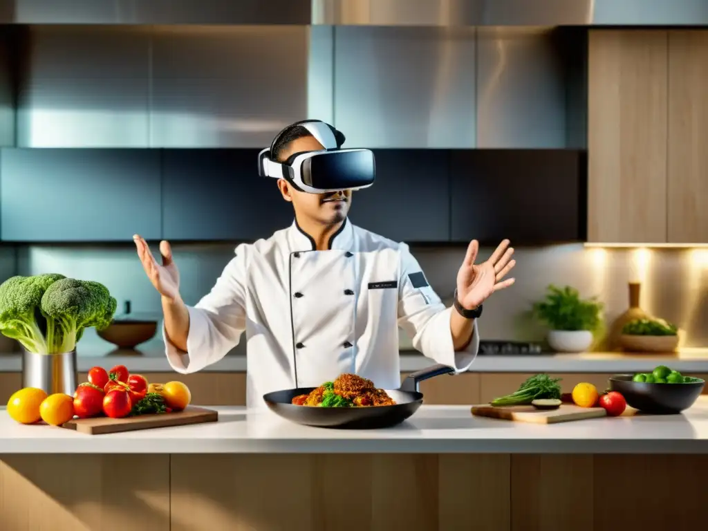 Chef asiático experimenta tecnología culinaria con realidad virtual en la cocina moderna