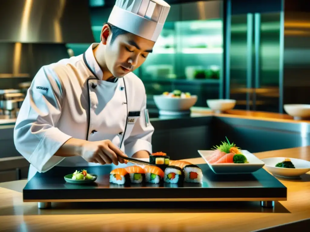 Un chef asiático utiliza la tecnología culinaria para armar un impresionante plato de sushi