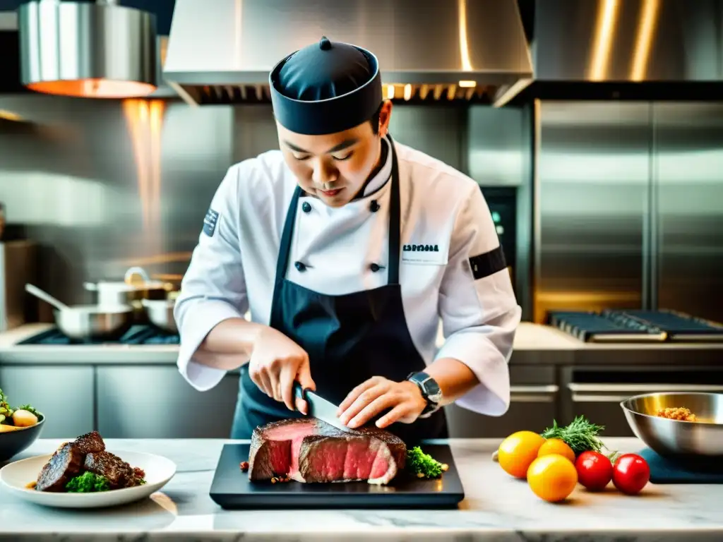 Chef asiático utiliza tecnología culinaria avanzada para cocinar un jugoso Wagyu con maestría en una cocina moderna