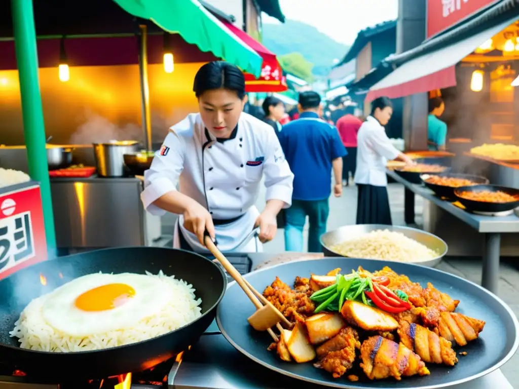 Un chef prepara dakgalbi en una bulliciosa calle de Corea del Sur, mientras los clientes esperan ansiosos