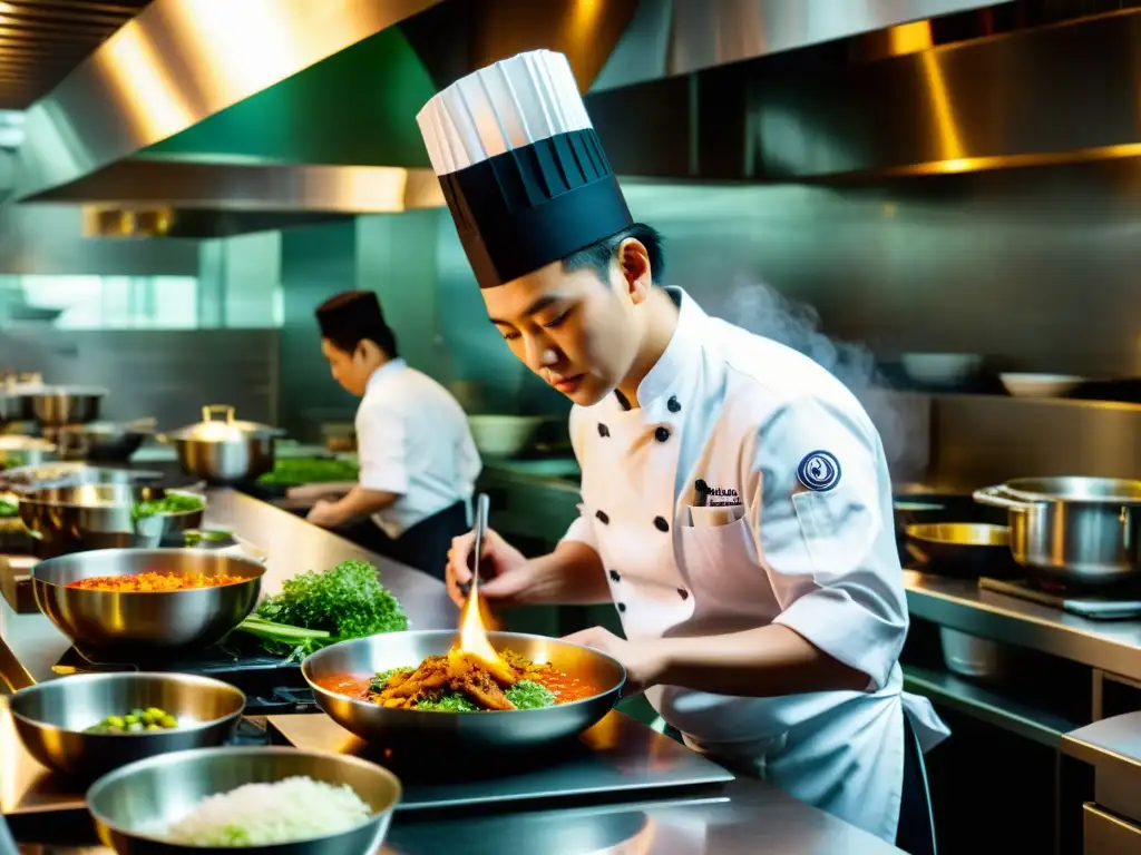 Un chef celebridad en una lujosa cocina asiática, rodeado de un equipo