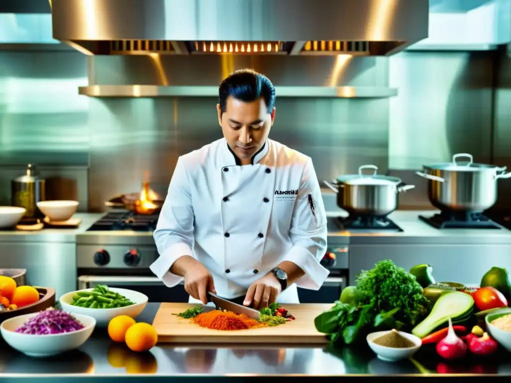 Chef celebridad preparando plato asiático en cocina de lujo con ingredientes exóticos y equipo moderno