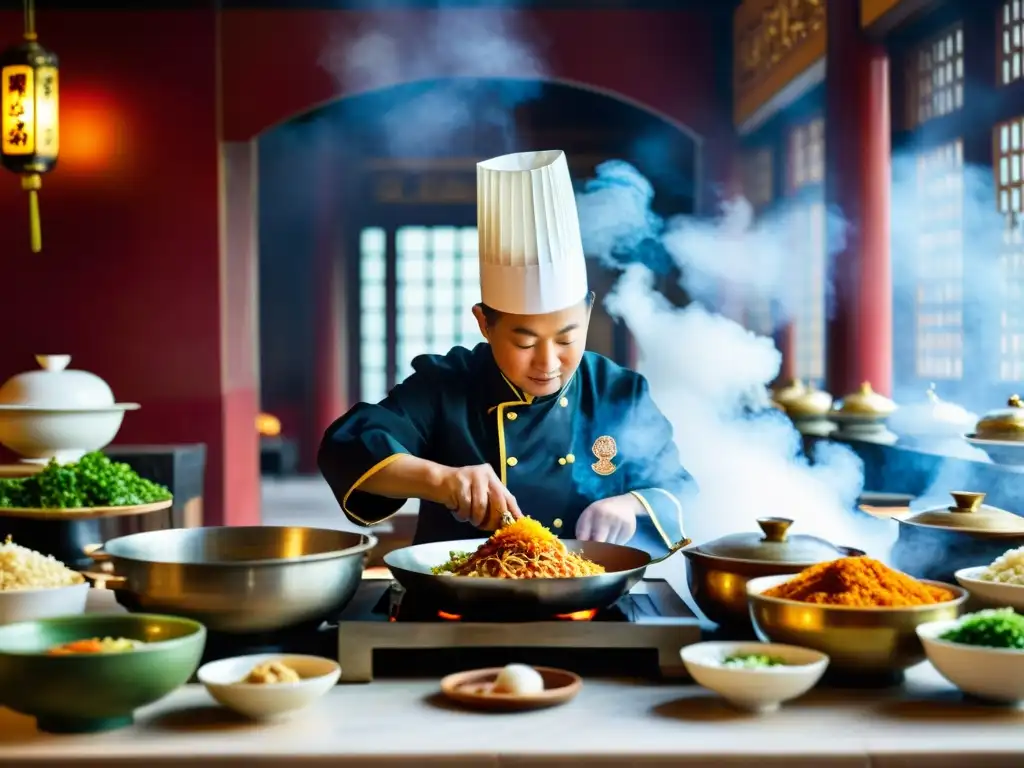 Un chef chino prepara un banquete en la Ciudad Prohibida, creando un ambiente de arte culinario y herencia cultural