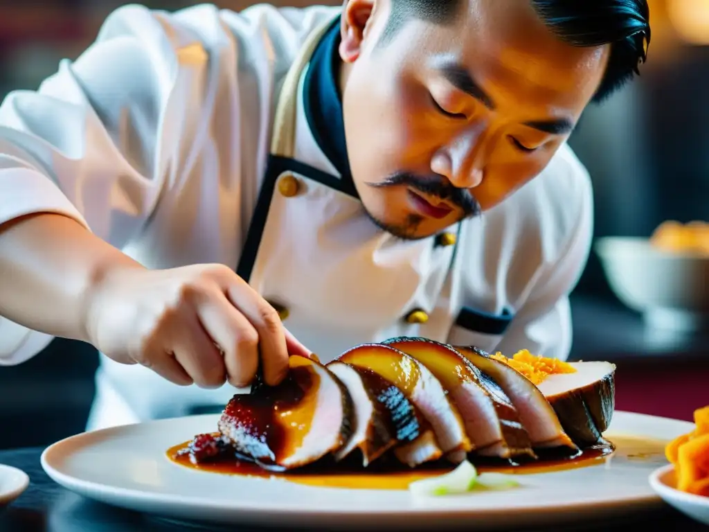 Un chef chino corta con precisión el Pato Pekín, mostrando destreza culinaria