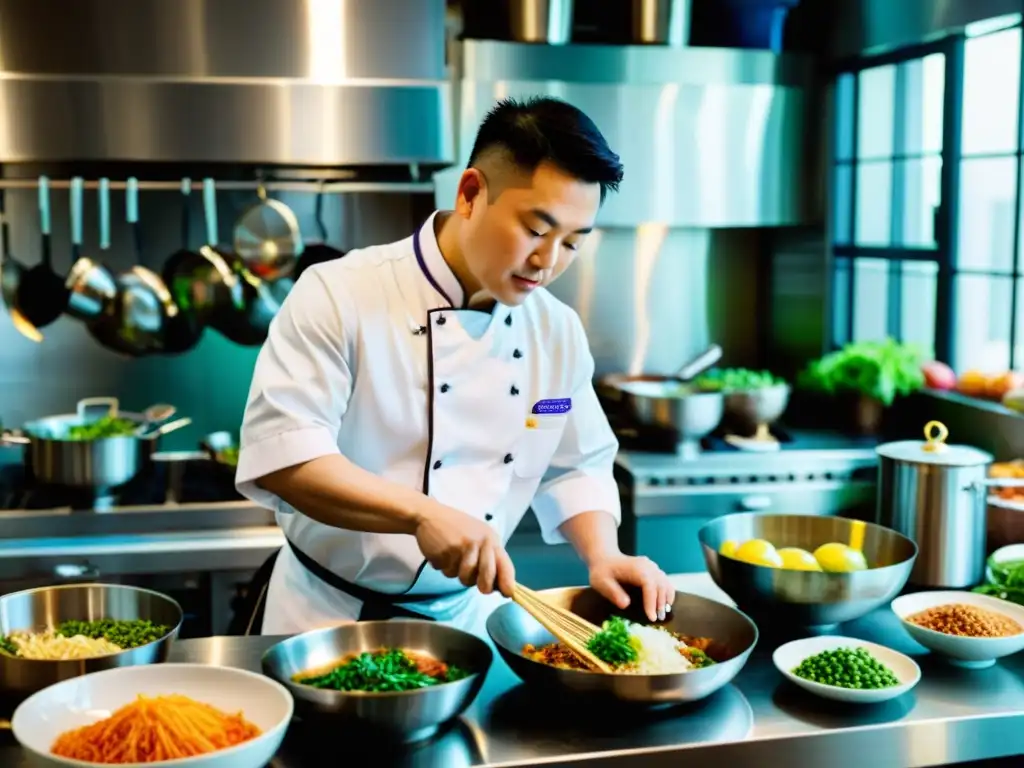 Un chef chino tres estrellas Michelin, Chan Yan Tak, prepara con destreza un plato tradicional en una bulliciosa y vibrante cocina