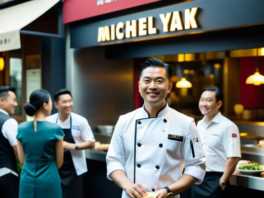 El chef chino tres estrellas Michelin, Chan Yan Tak, irradia pasión y determinación frente a su restaurante, rodeado de comensales y bulliciosa ciudad