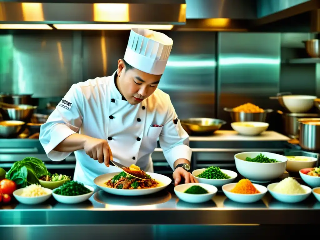 Chef chino tres estrellas Michelin Chan Yan Tak preparando su icónico plato con maestría en una bulliciosa cocina