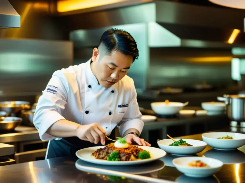 Chef chino tres estrellas Michelin Chan Yan Tak preparando con precisión su plato distintivo en su renombrado restaurante