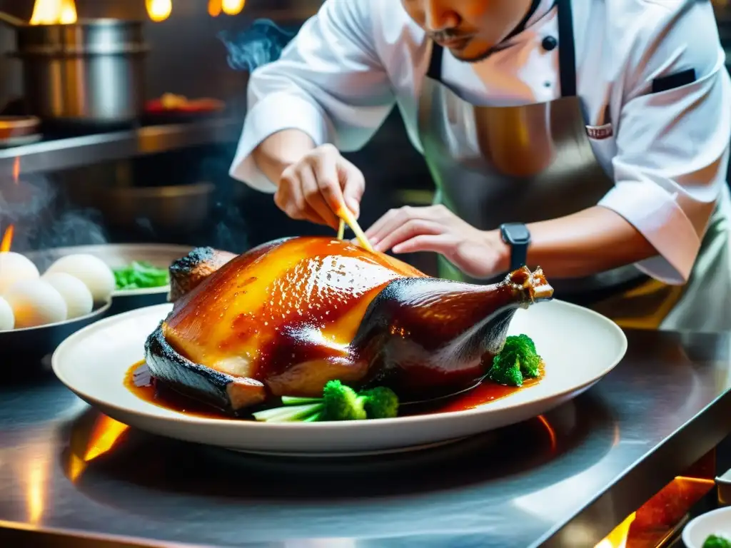 Un chef chino prepara un exquisito pato pekinés, con el glaseado brillante y ambiente de cocina bullicioso, un viaje gastronómico por palacios pekín