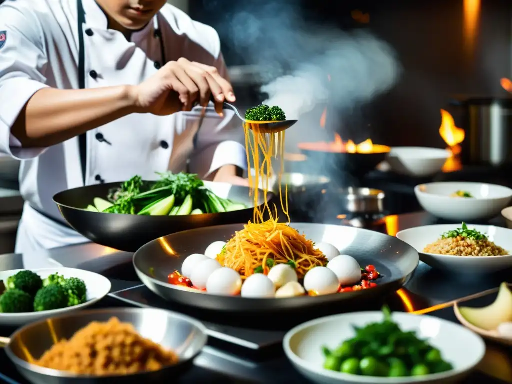 Un chef prepara una cocina fusión asiática en un ambiente de intensidad concentrada y pasión culinaria en un elegante restaurante