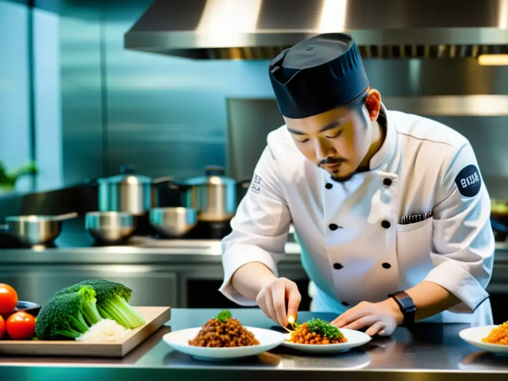 Un chef en una cocina moderna fusiona ingredientes coreanos con técnicas culinarias occidentales, creando platos vibrantes