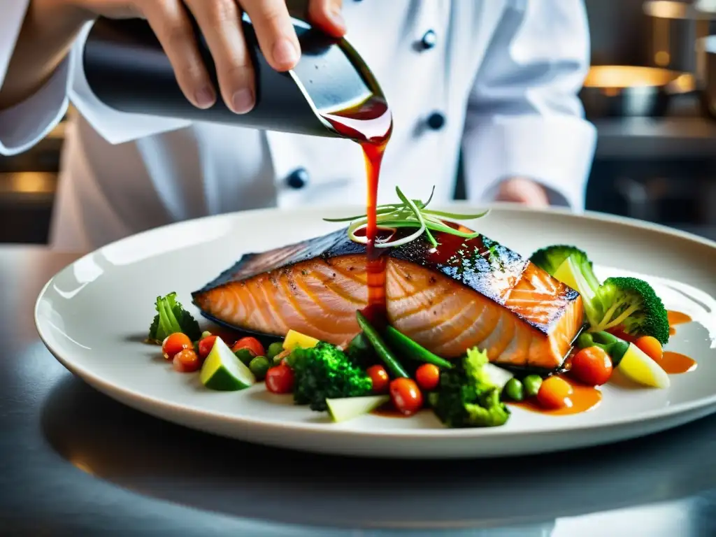 Un chef en una cocina profesional rocía con cuidado una vibrante salsa asiática sobre un exquisito plato de salmón