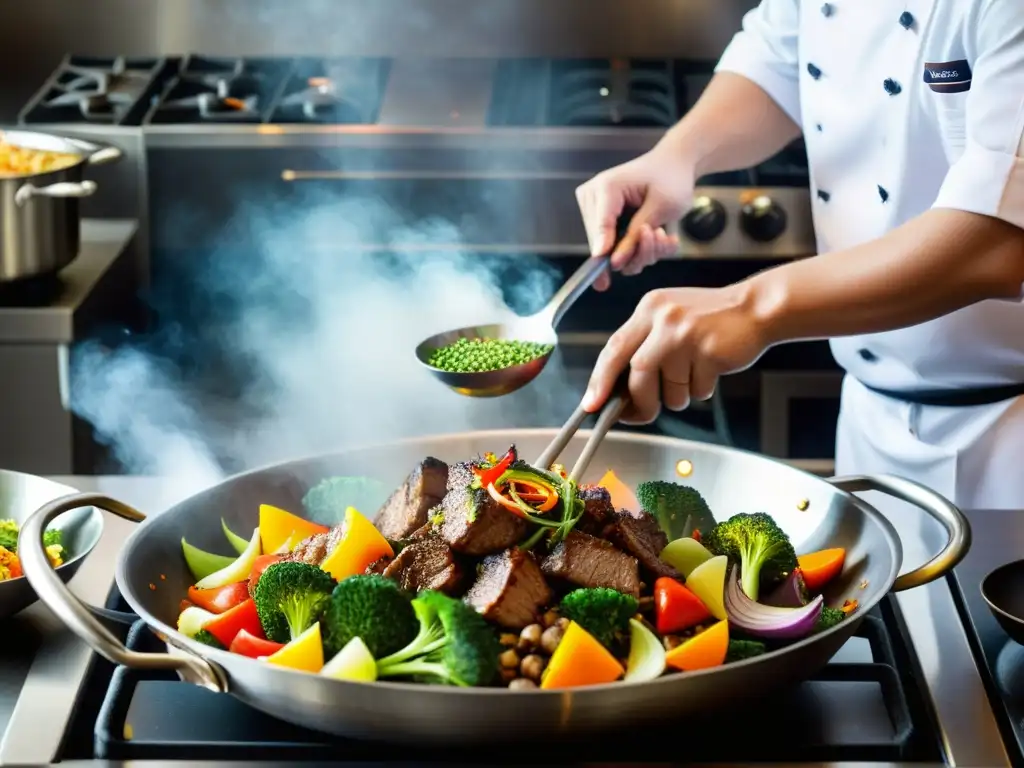 Un chef hábil cocina con técnicas de cocina asiática internacional, mezclando una variedad de ingredientes frescos y especias en un wok, mientras las llamas danzan alrededor