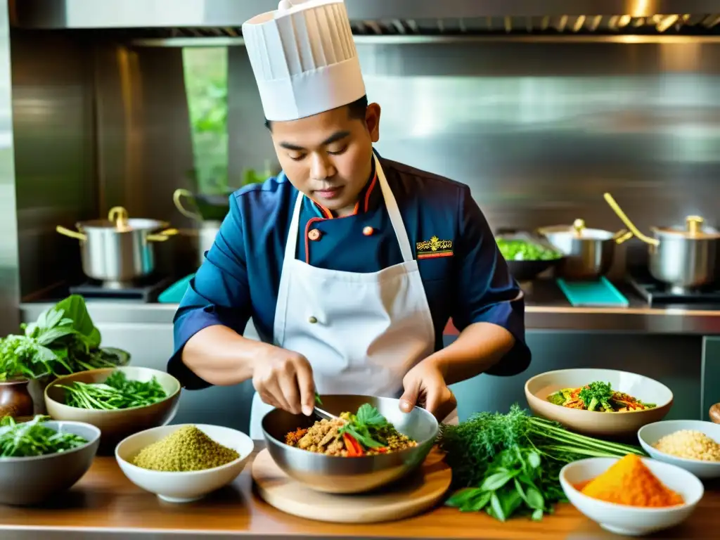 Un chef tailandés prepara una colorida y compleja receta con intensa concentración