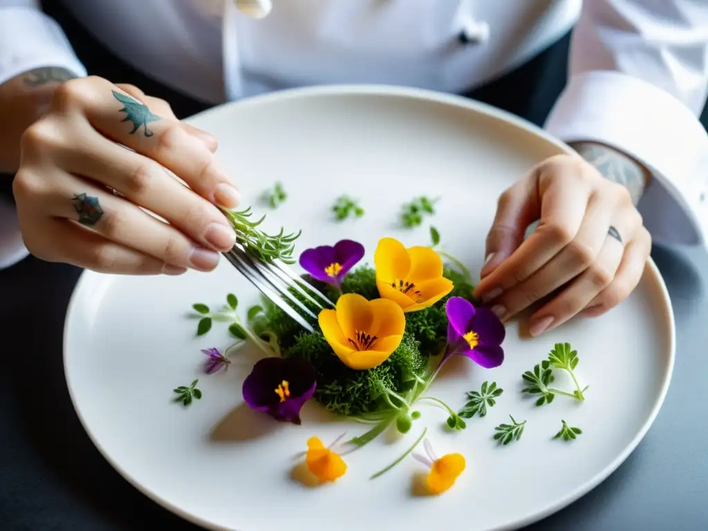 Arte culinario: Chef creando una obra maestra de flores y microgreens Un chef coloca con precisión flores comestibles y microgreens en un plato blanco, rodeado de una cocina organizada