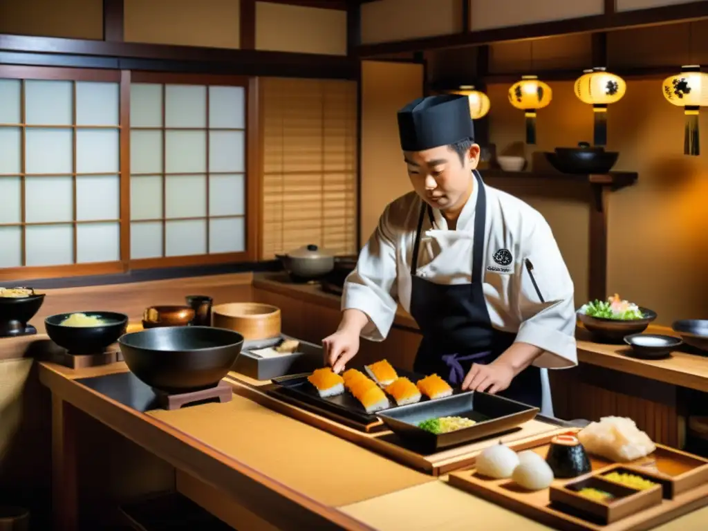 Un chef prepara una comida tradicional japonesa en una cocina de Kyoto, inmerso en una atmósfera serena y atemporal