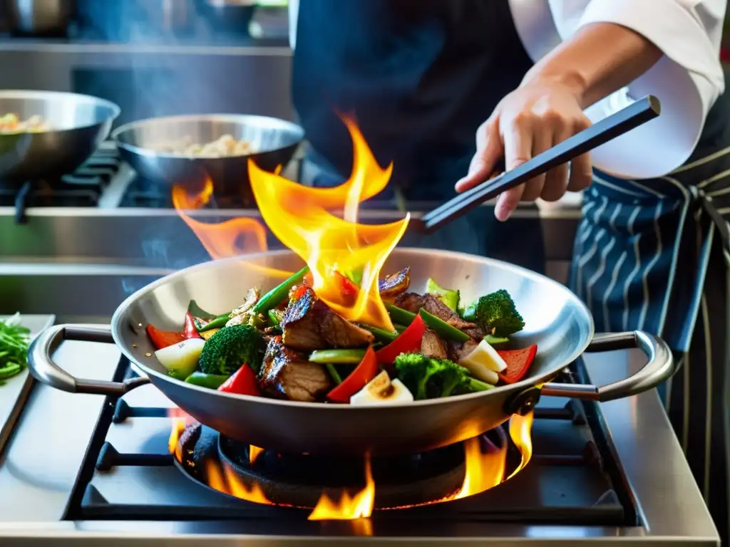 Un chef hábil y concentrado salteando ingredientes en un wok sobre llamas intensas, destacando las técnicas de cocina asiática internacional