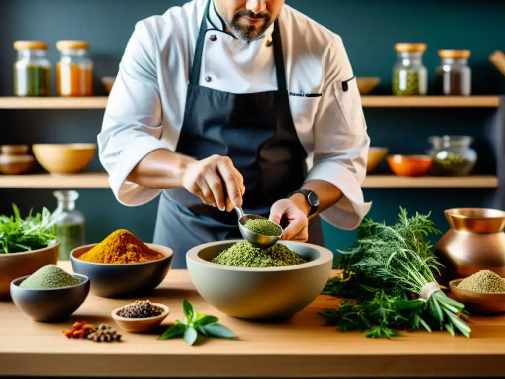 Un chef contemporáneo prepara comida medicinal para males modernos en una cocina moderna con hierbas tradicionales